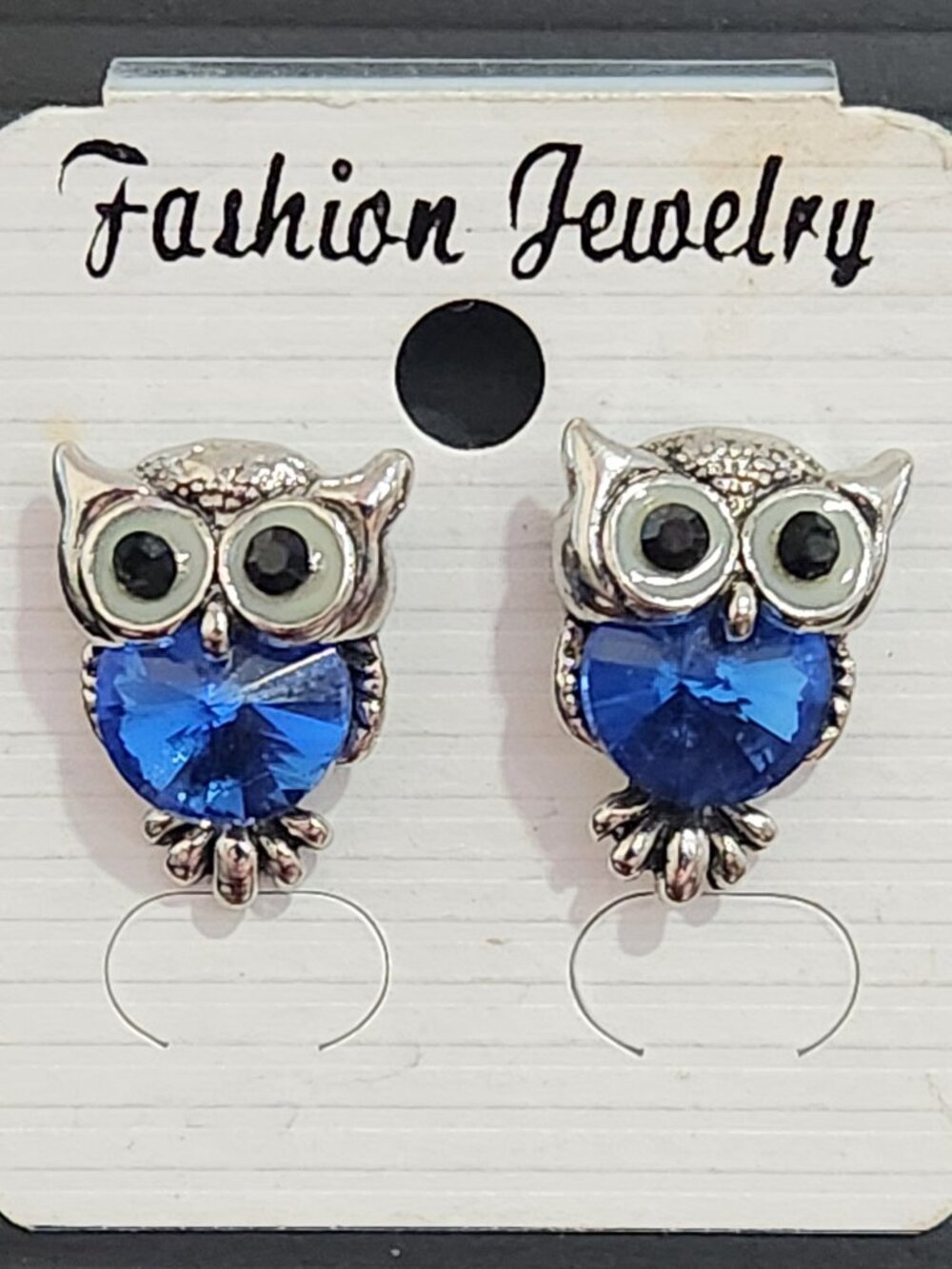 Blue Crystal Owl Stud Earrings Silver Tone Cute Novelty Bird Jewelry
